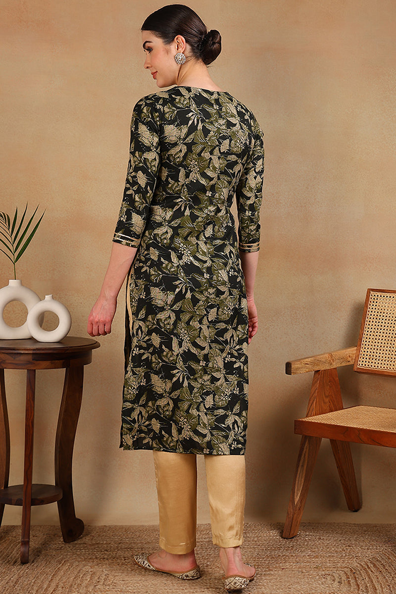 Green Silk Blend Floral Printed Straight Kurta VCK9697