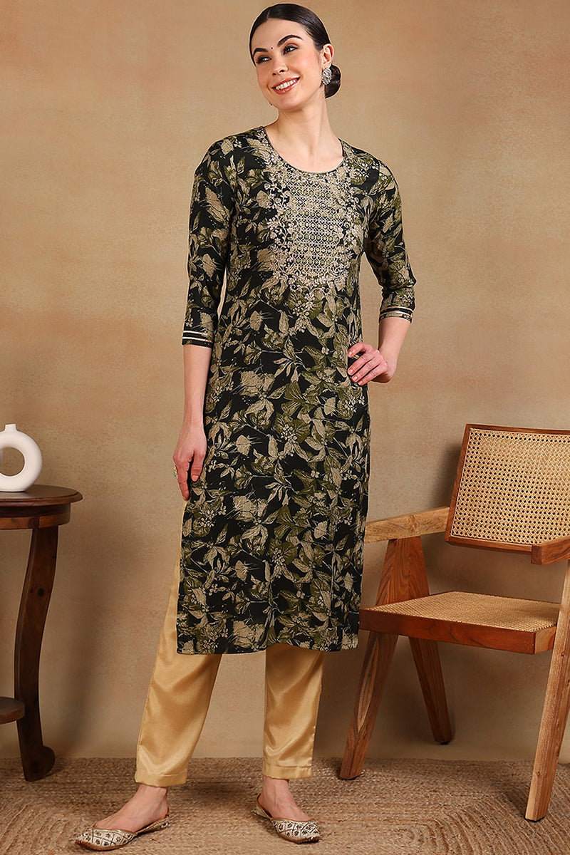 Green Silk Blend Floral Printed Straight Kurta VCK9697