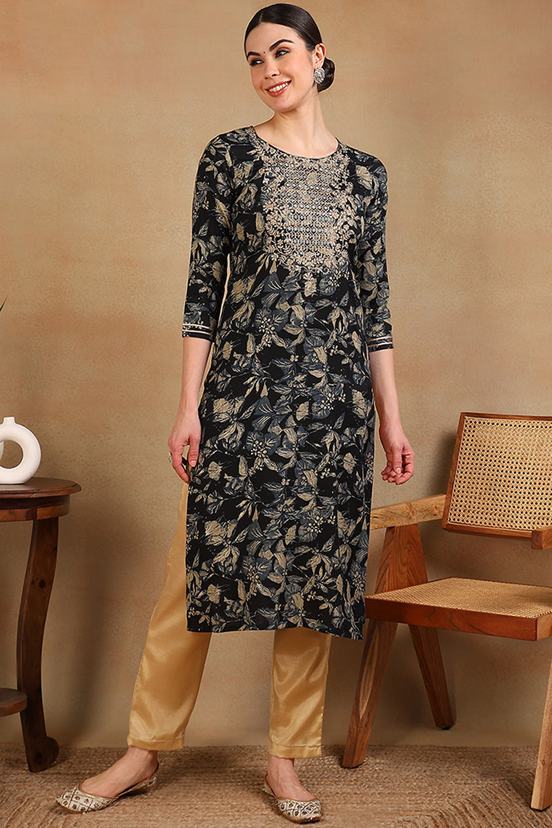 Navy Blue Silk Blend Floral Printed Straight Kurta VCK9698