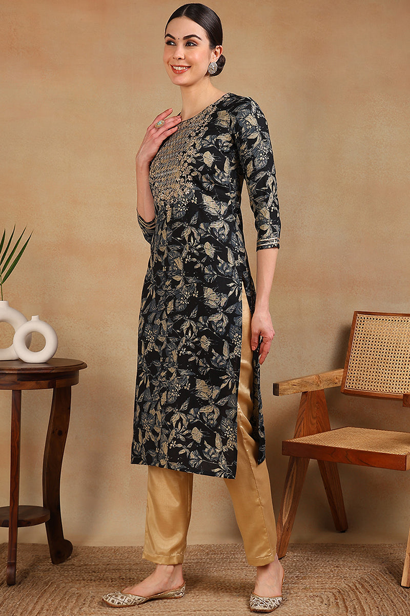 Navy Blue Silk Blend Floral Printed Straight Kurta VCK9698