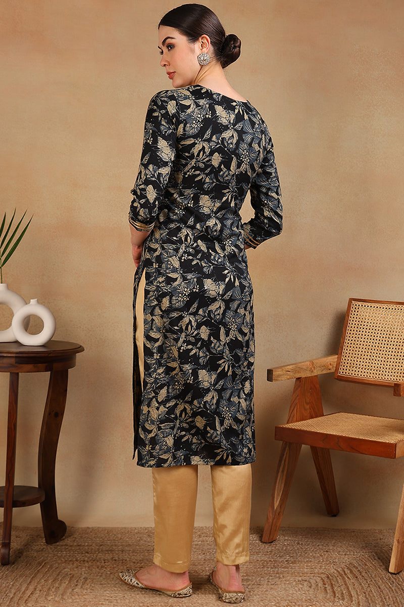 Navy Blue Silk Blend Floral Printed Straight Kurta VCK9698