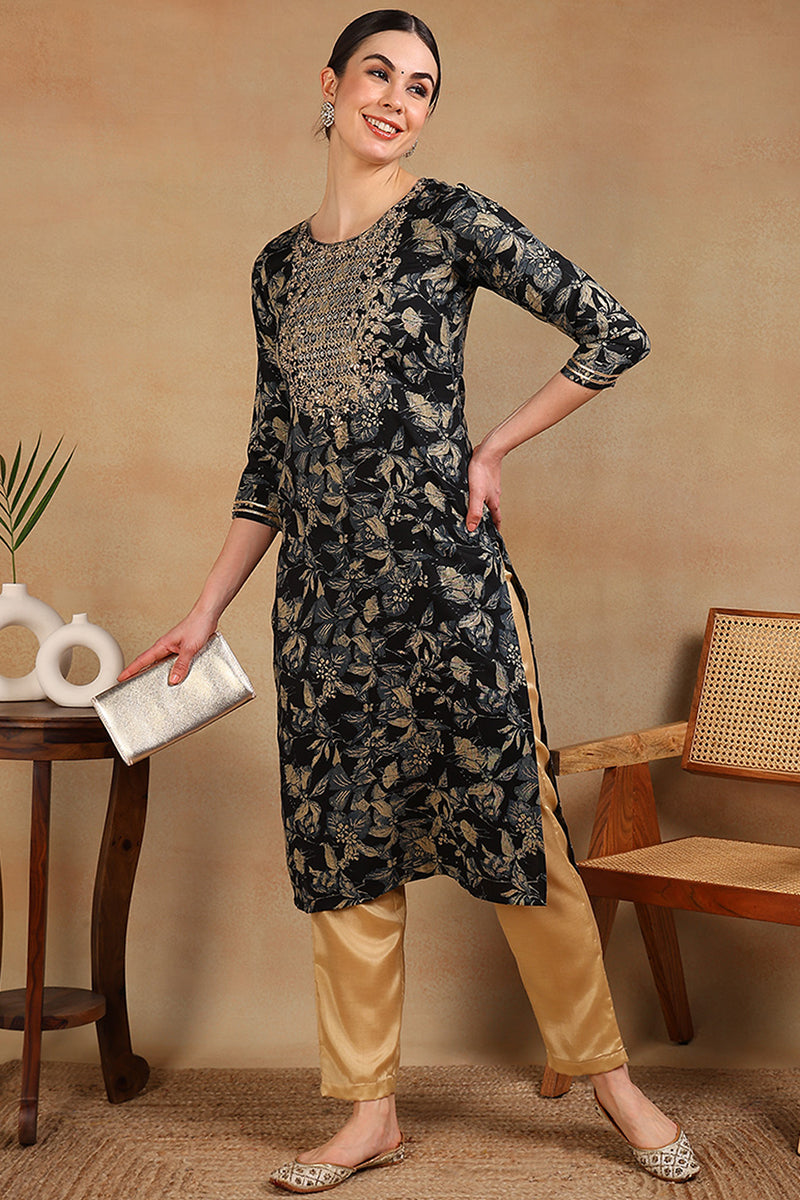 Navy Blue Silk Blend Floral Printed Straight Kurta VCK9698