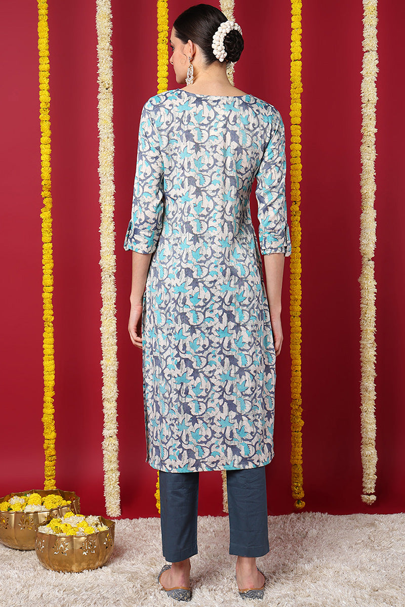 Beige Silk Blend Ethnic Motifs Printed Straight Kurta VCK9709