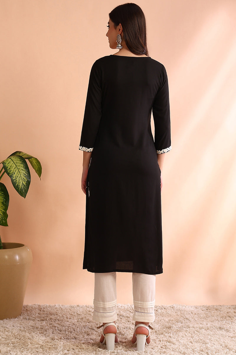 Black Viscose Rayon Solid Embroidered Straight Kurta VCK9773BLK