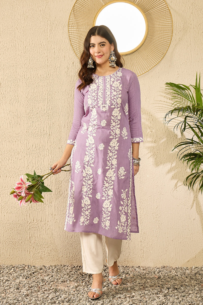 Lavender Viscose Rayon Solid Embroidered Straight Kurta VCK9787