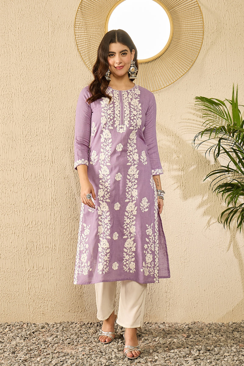 Lavender Viscose Rayon Solid Embroidered Straight Kurta VCK9787