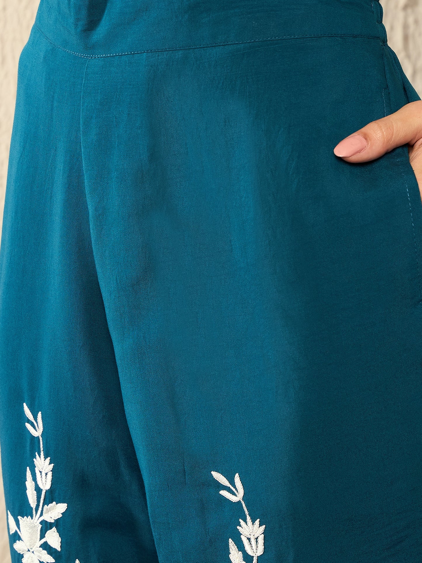 Blue Silk Blend Solid Embroidered High Low Co-Ord Set VCORD1089