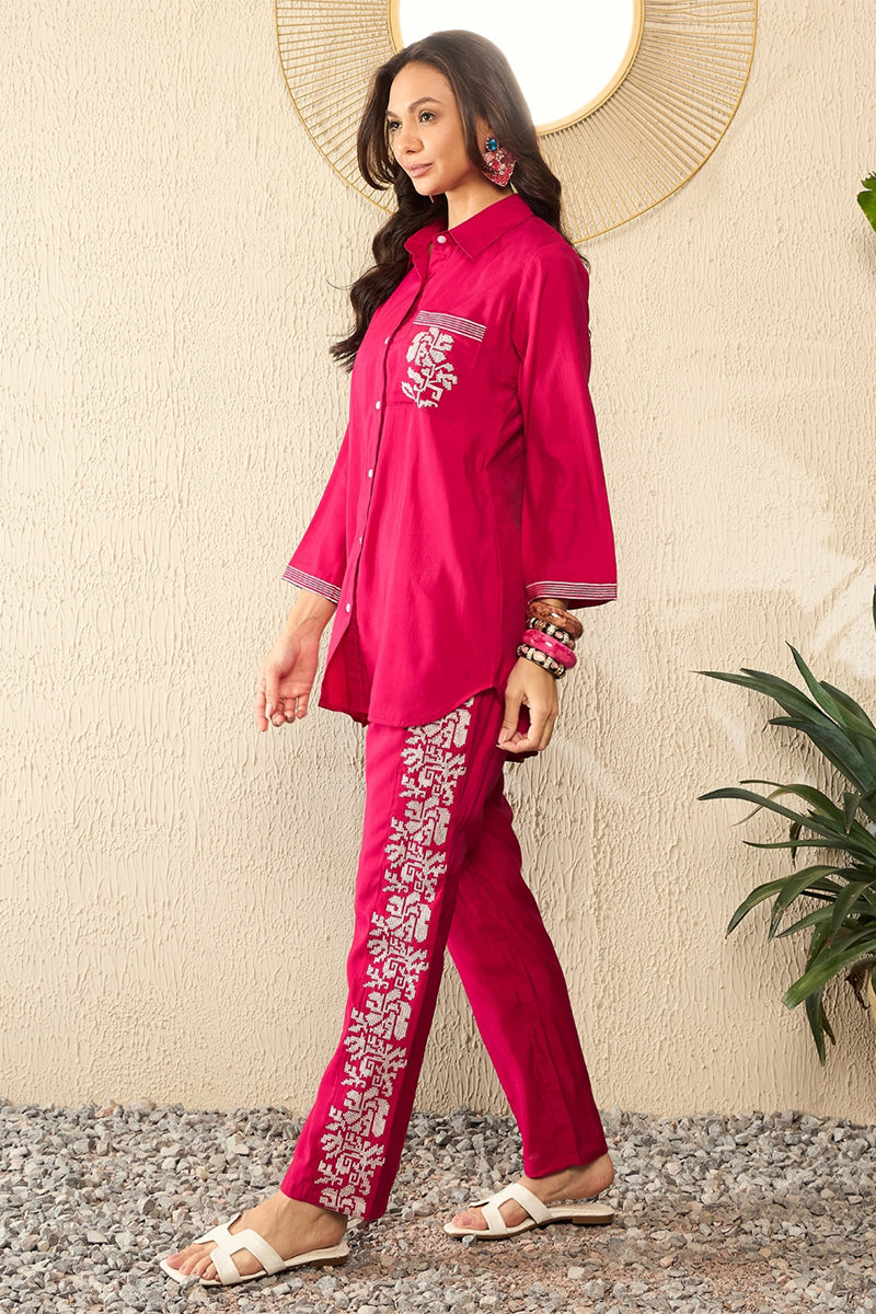 Pink Silk Blend Solid Embroidered Regular Coord Sets VCORD1096