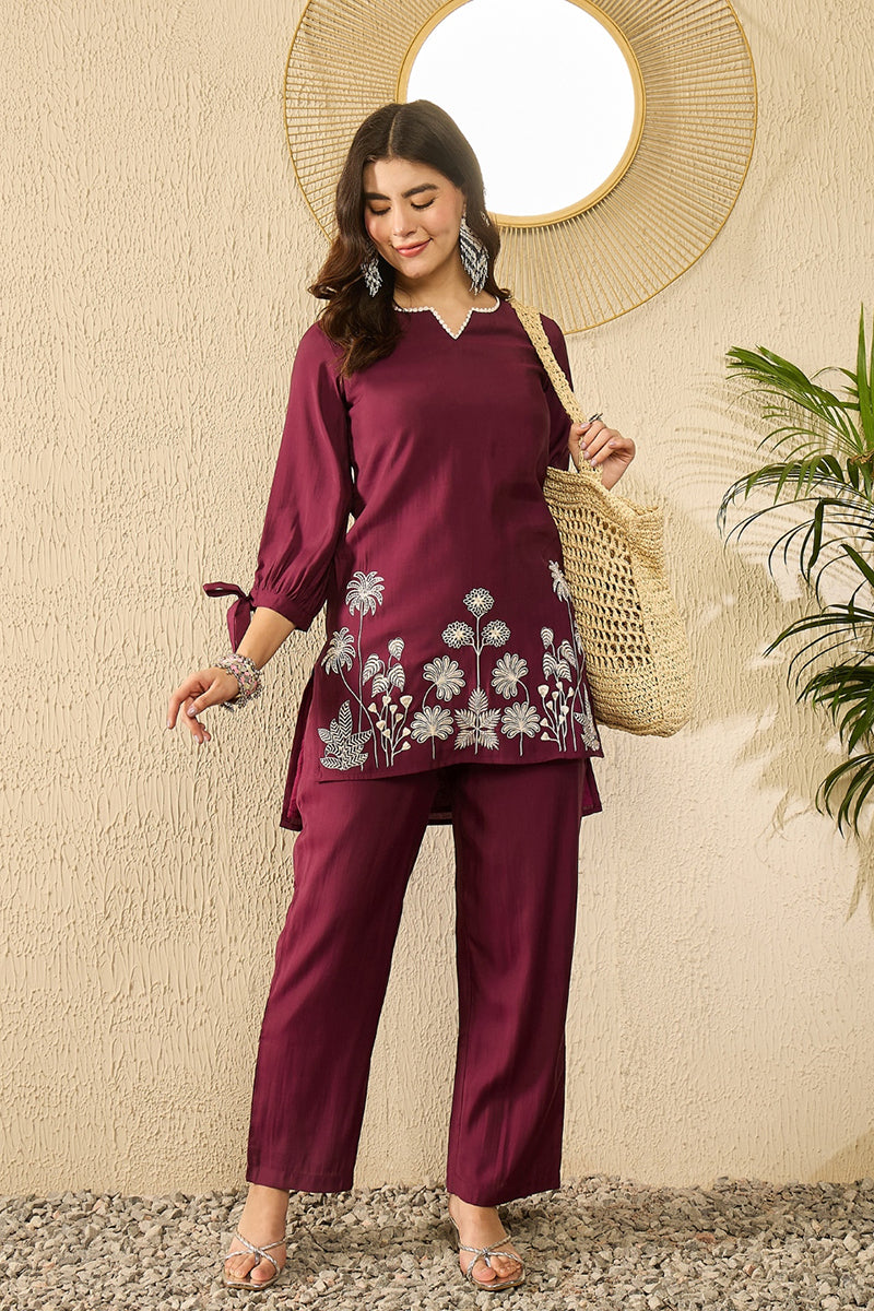 Purple Silk Blend Solid Embroidered Coord Sets VCORD1105