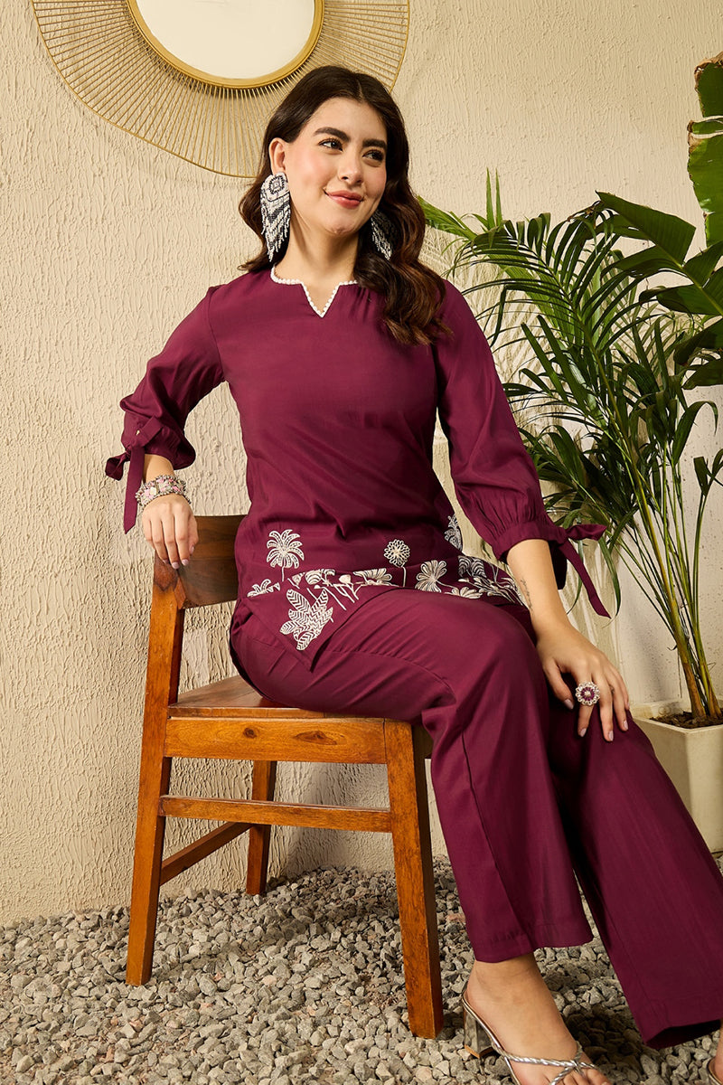 Purple Silk Blend Solid Embroidered Coord Sets VCORD1105