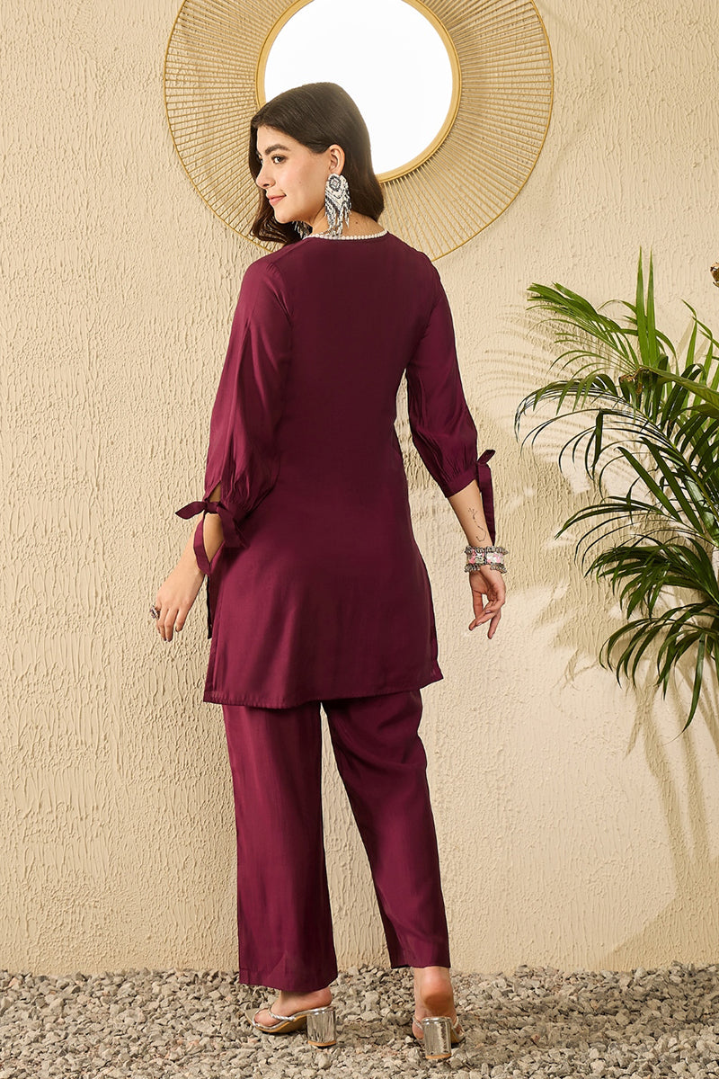 Purple Silk Blend Solid Embroidered Coord Sets VCORD1105