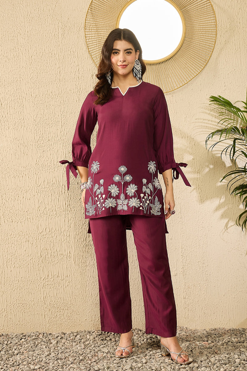 Purple Silk Blend Solid Embroidered Coord Sets VCORD1105