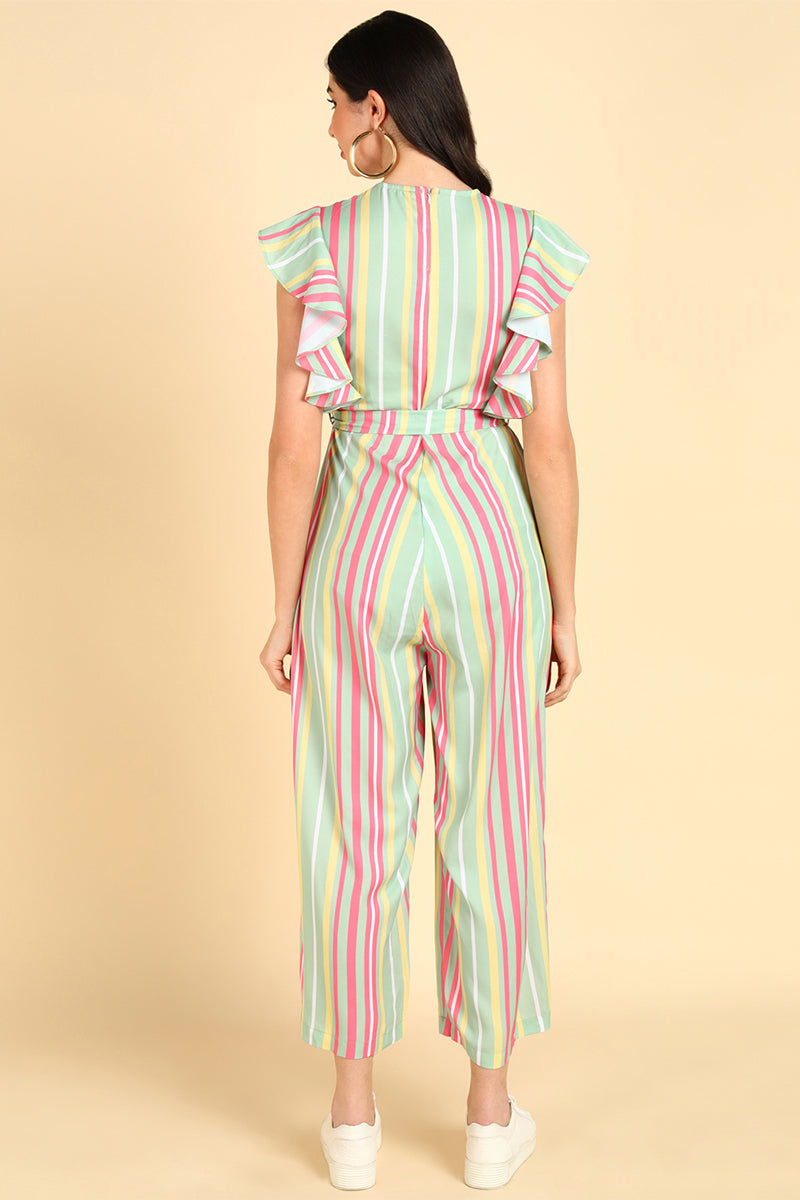 Green Cotton Ruffle Sleeve Striped Jumpsuit VJMP1051