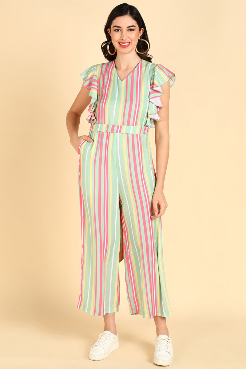 Green Cotton Ruffle Sleeve Striped Jumpsuit VJMP1051