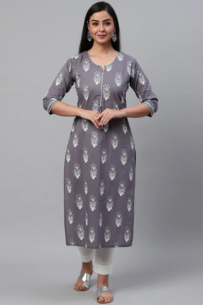 Grey Pure Cotton Abstract Print Kurta Set VKSET1058