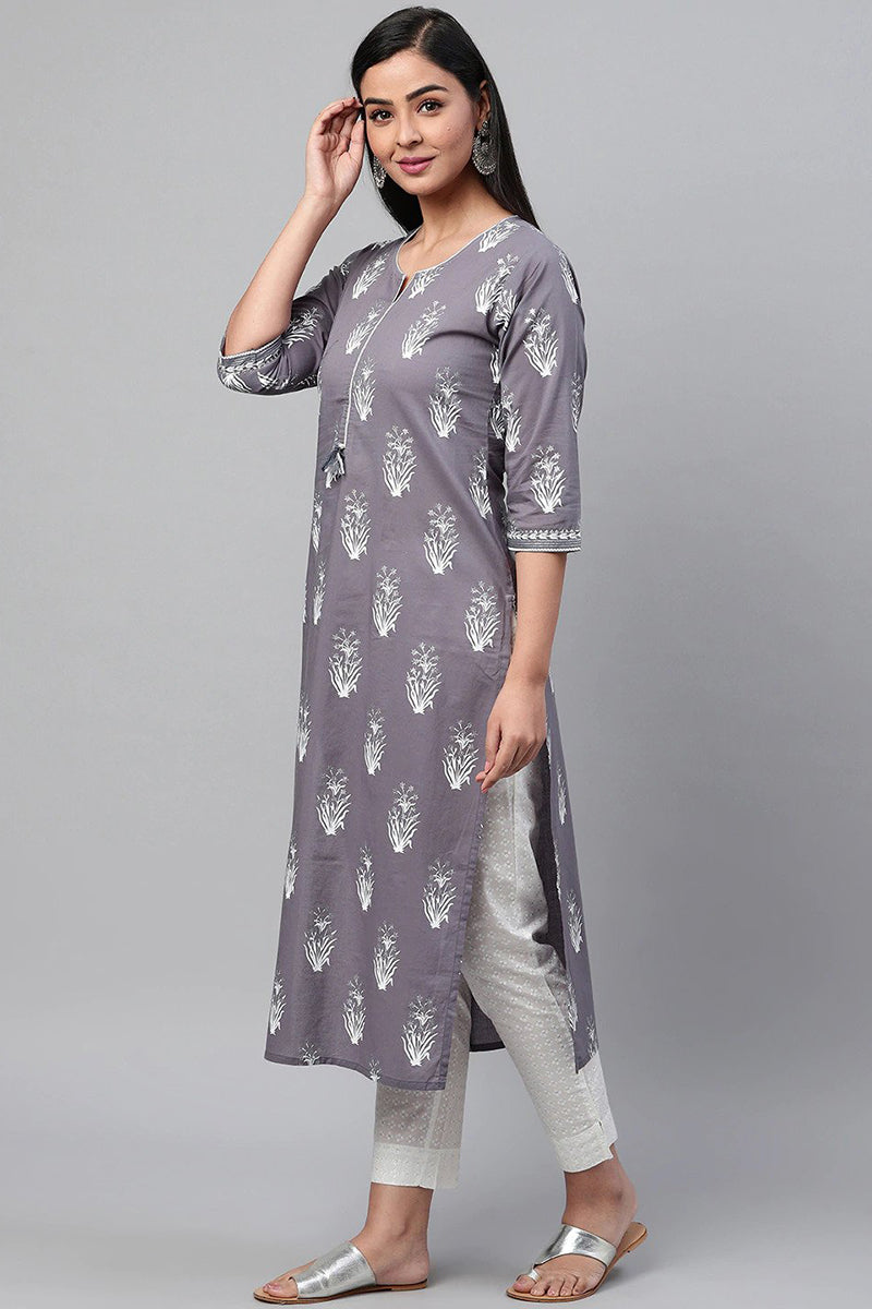 Grey Pure Cotton Abstract Print Kurta Set VKSET1058