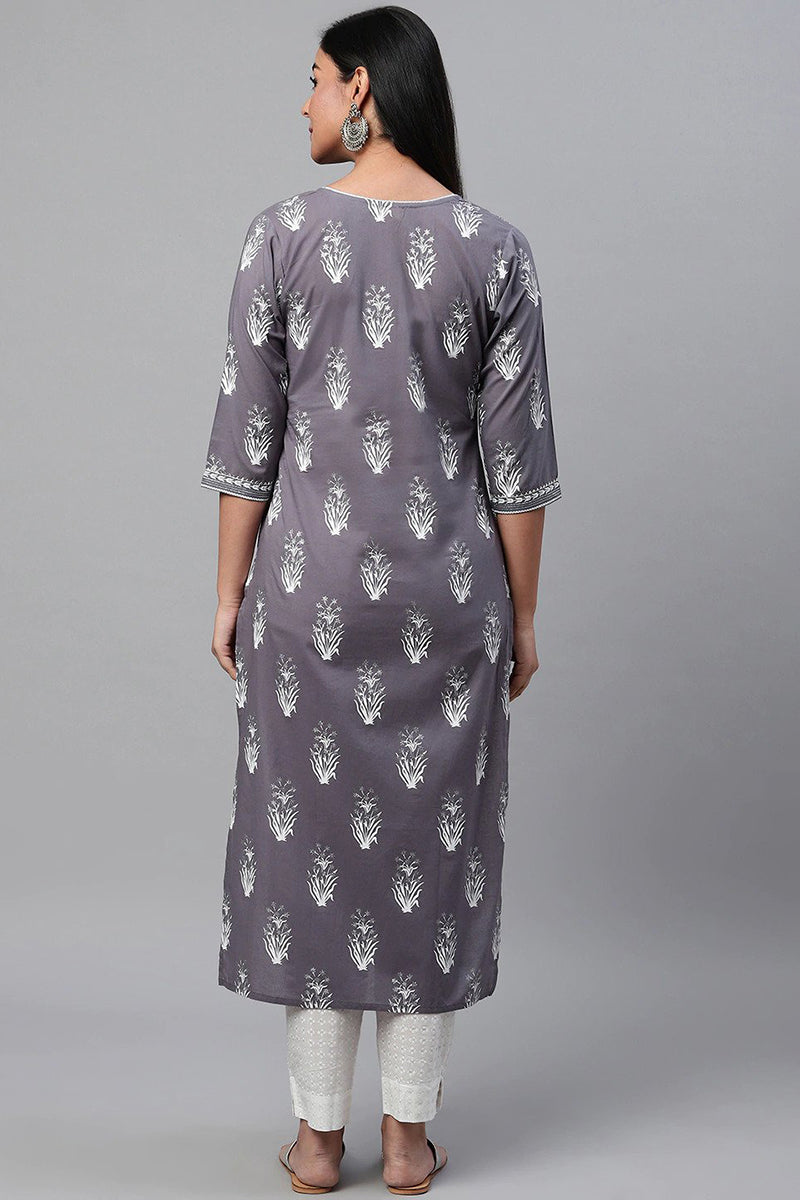 Grey Pure Cotton Abstract Print Kurta Set VKSET1058