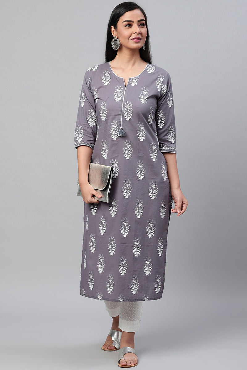 Grey Pure Cotton Abstract Print Kurta Set VKSET1058