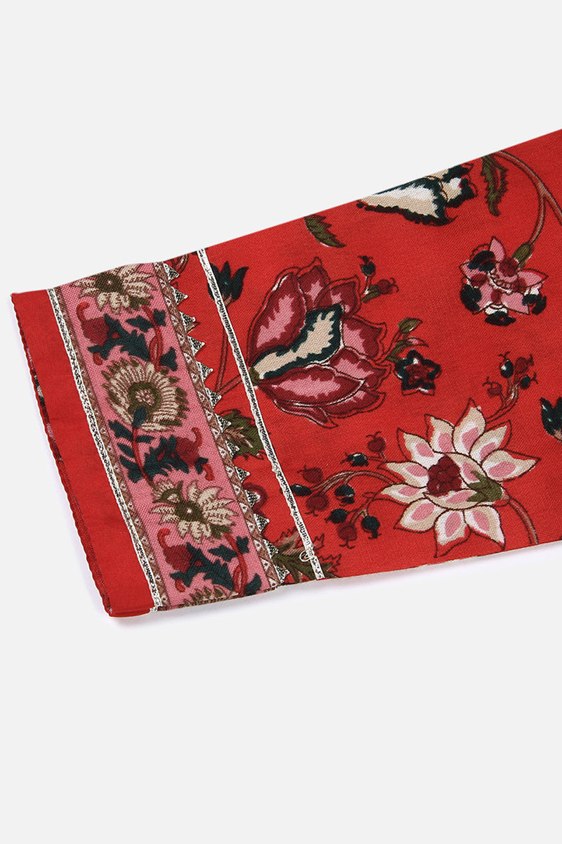 Red Cotton Blend Floral Printed Straight Kurta Set VKSET1422