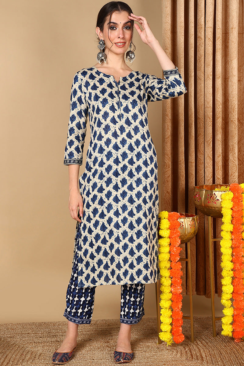 Off White Cotton Printed Straight Kurta Set VKSET1425