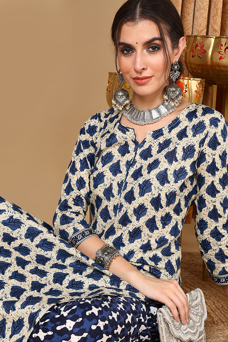 Off White Cotton Printed Straight Kurta Set VKSET1425