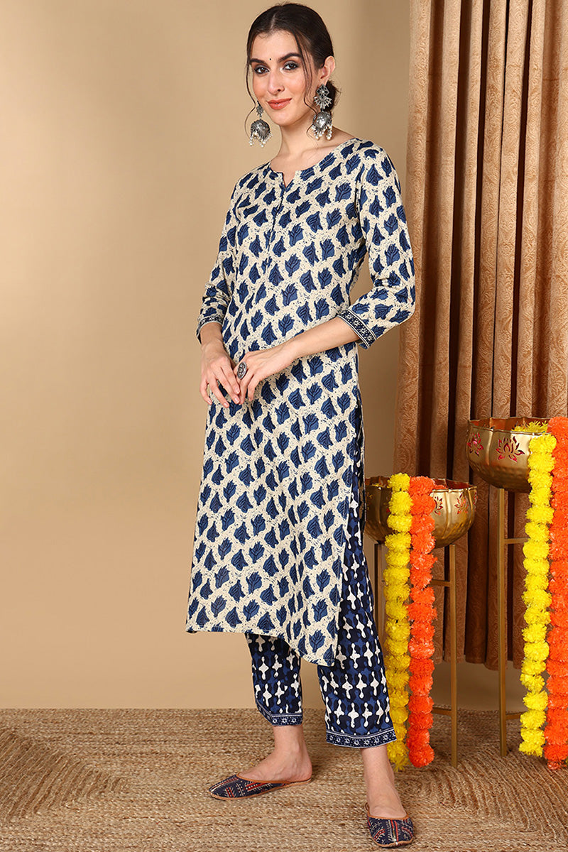 Off White Cotton Printed Straight Kurta Set VKSET1425
