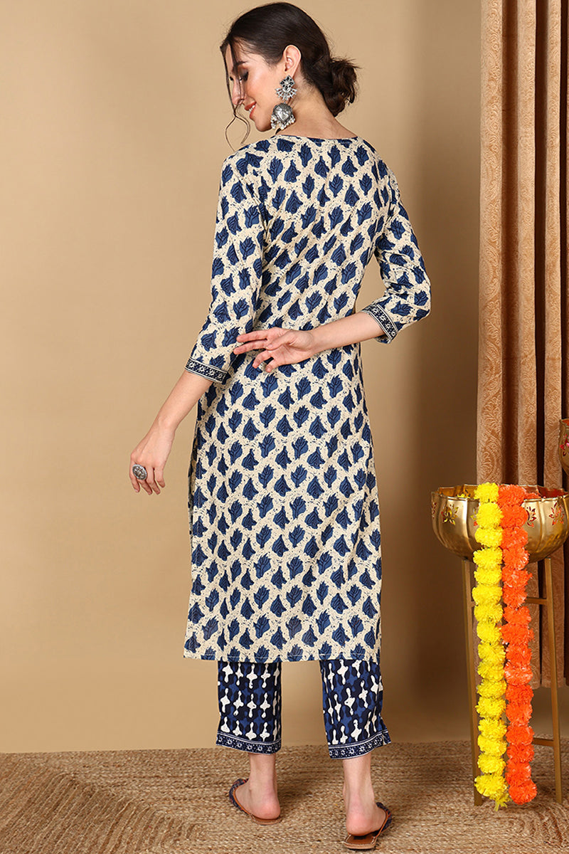 Off White Cotton Printed Straight Kurta Set VKSET1425