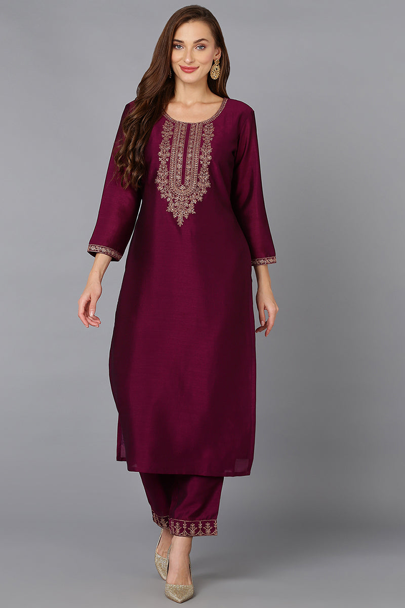 Silk Blend Wine Embroidered Kurta With Pant VKSET1427