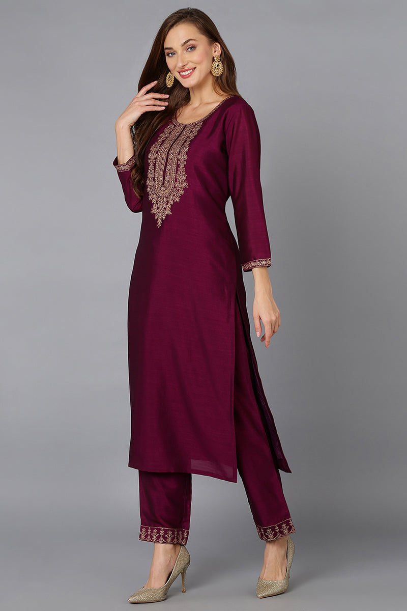 Silk Blend Wine Embroidered Kurta With Pant VKSET1427