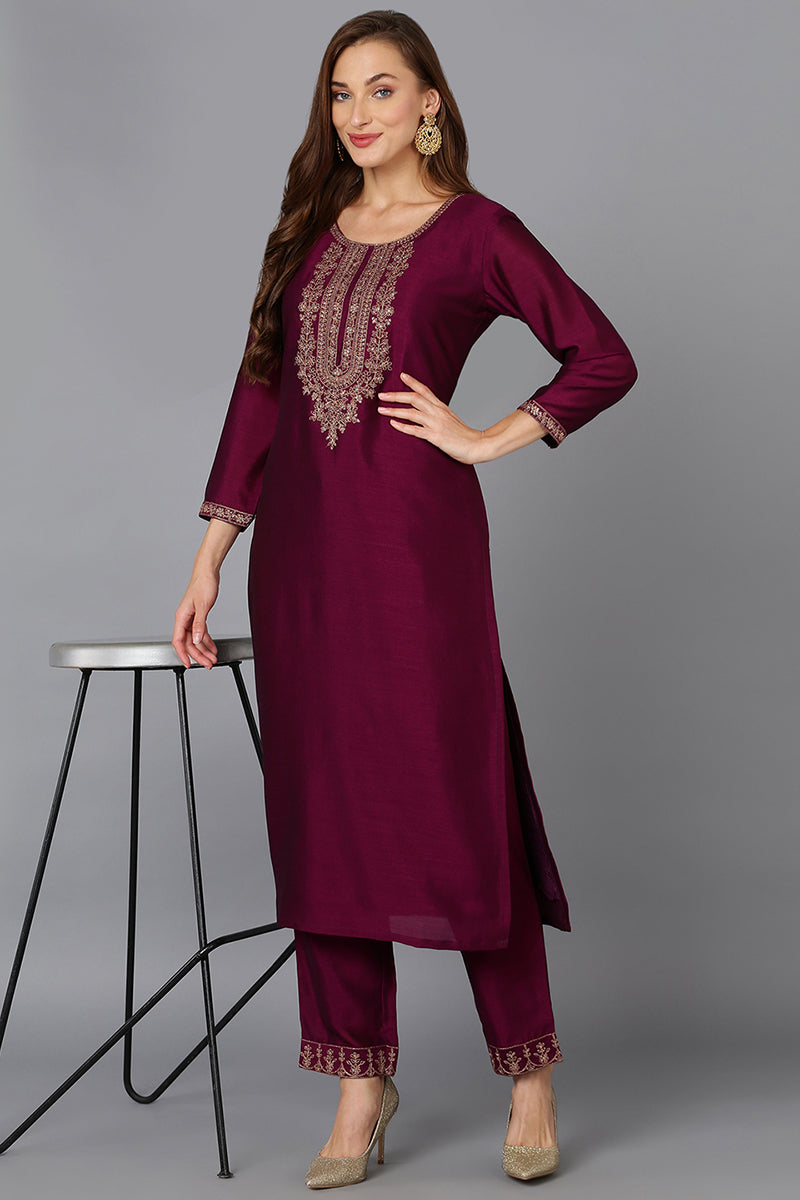 Silk Blend Wine Embroidered Kurta With Pant VKSET1427