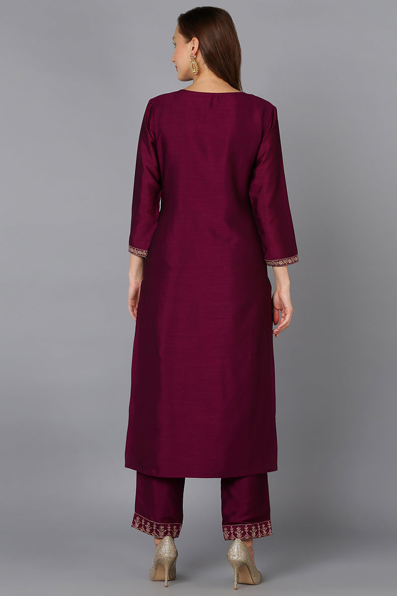 Silk Blend Wine Embroidered Kurta With Pant VKSET1427