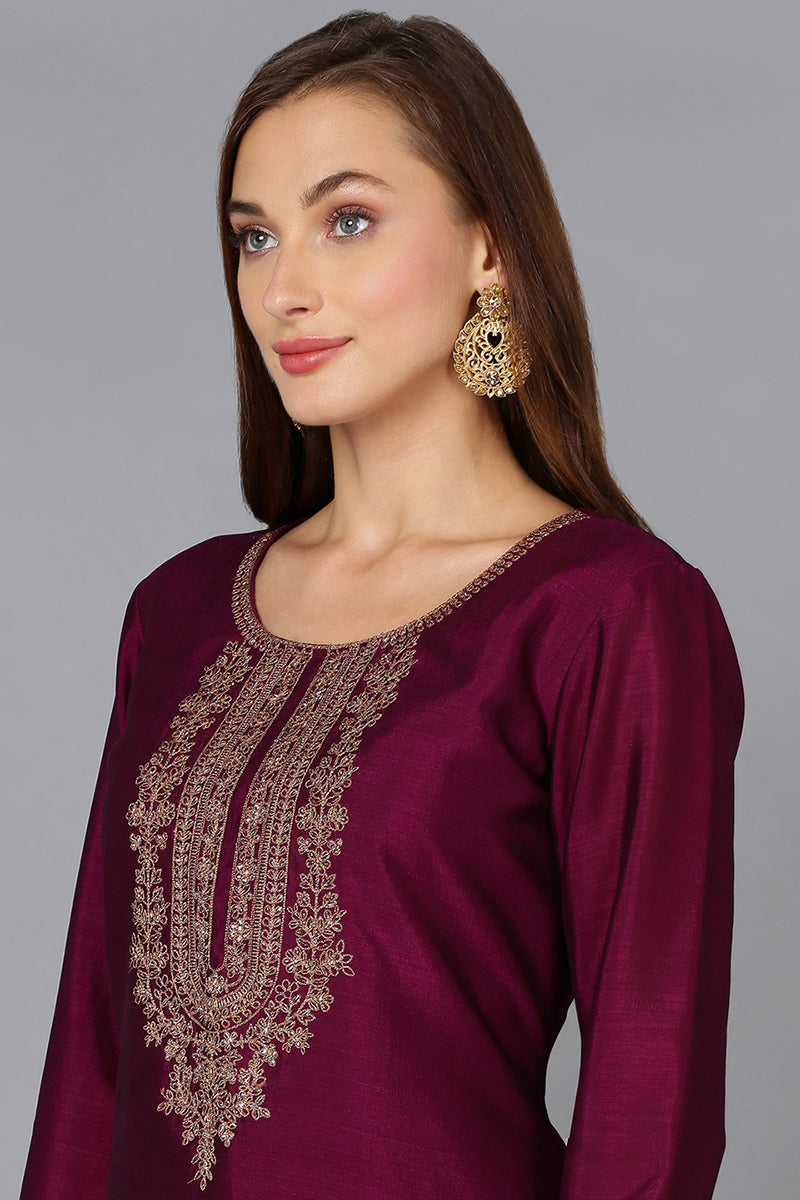 Silk Blend Wine Embroidered Kurta With Pant VKSET1427