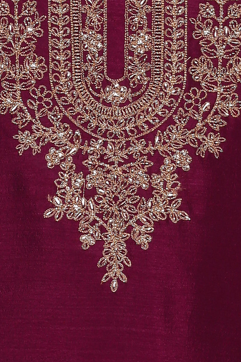 Silk Blend Wine Embroidered Kurta With Pant VKSET1427