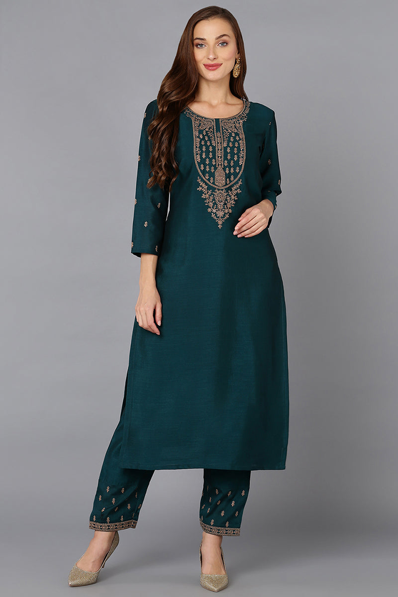 Silk Blend Bottle Green Embroidered Kurta With Pant VKSET1431