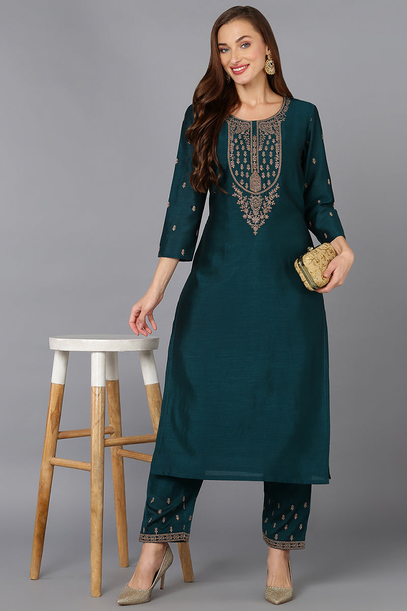 Silk Blend Bottle Green Embroidered Kurta With Pant VKSET1431