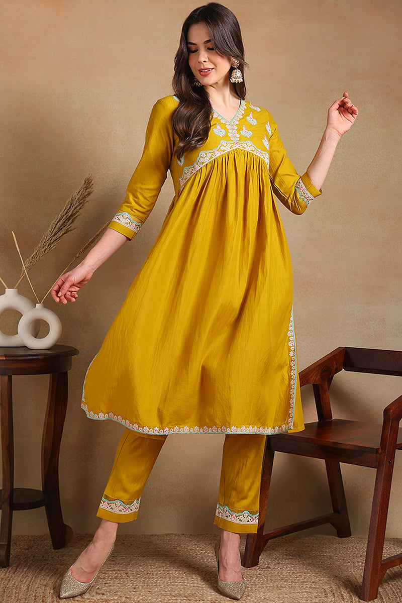 Yellow Silk Blend Solid Embroidered Flared Kurta Set VKSET1484