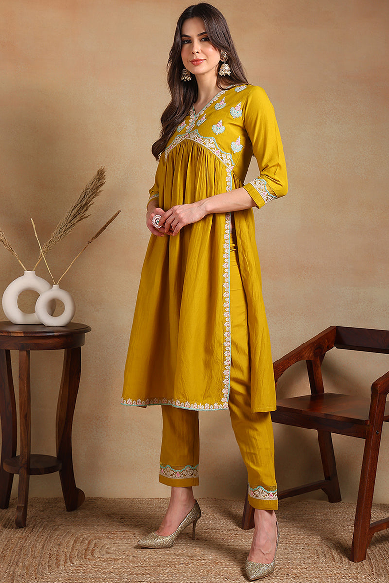 Yellow Silk Blend Solid Embroidered Flared Kurta Set VKSET1484