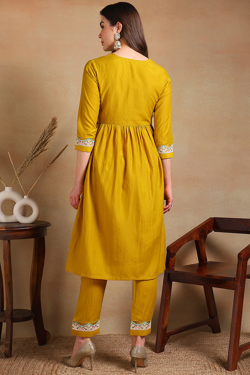 Yellow Silk Blend Solid Embroidered Flared Kurta Set VKSET1484