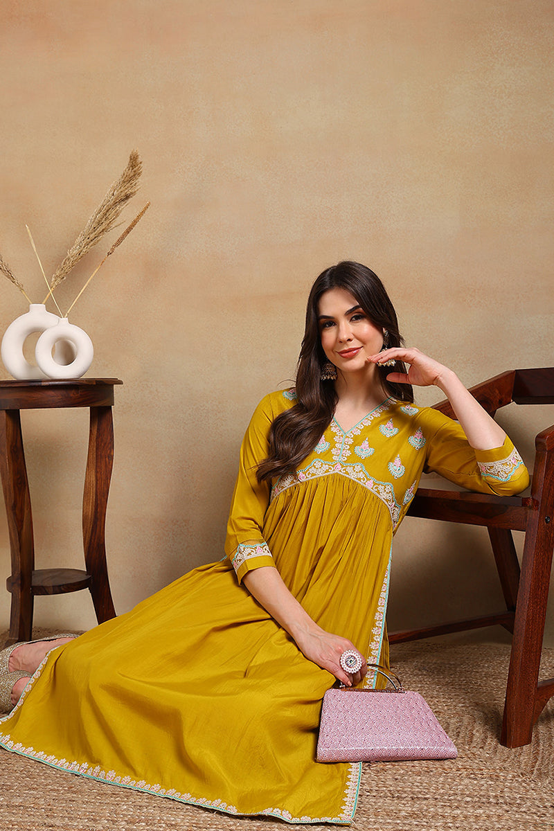 Yellow Silk Blend Solid Embroidered Flared Kurta Set VKSET1484