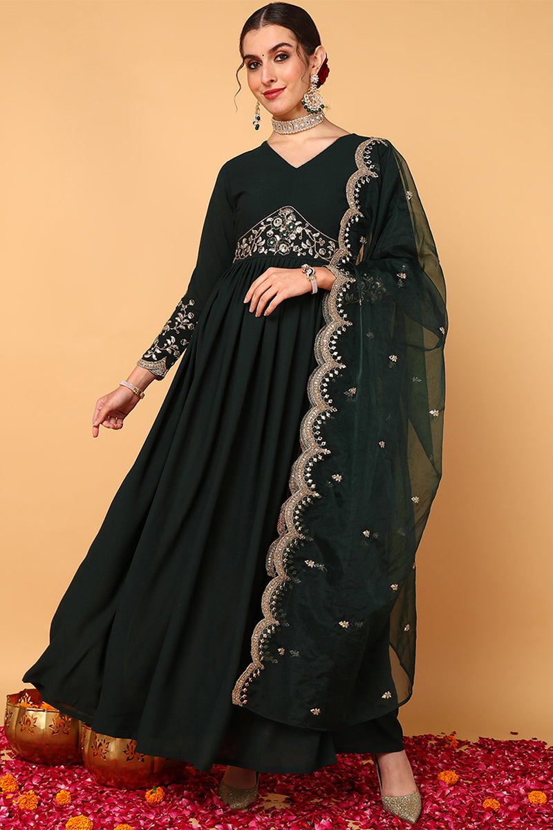 Plus Size Green Georgette Embroidered Zari Work Flared Kurta Set VKSET1490