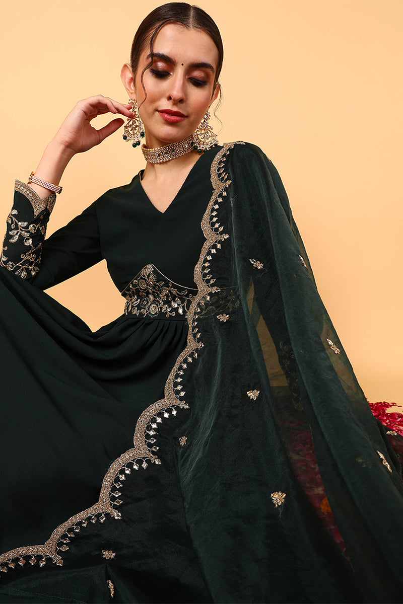 Plus Size Green Georgette Embroidered Zari Work Flared Kurta Set VKSET1490