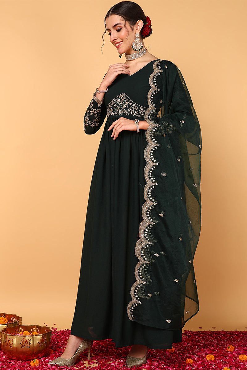 Plus Size Green Georgette Embroidered Zari Work Flared Kurta Set VKSET1490