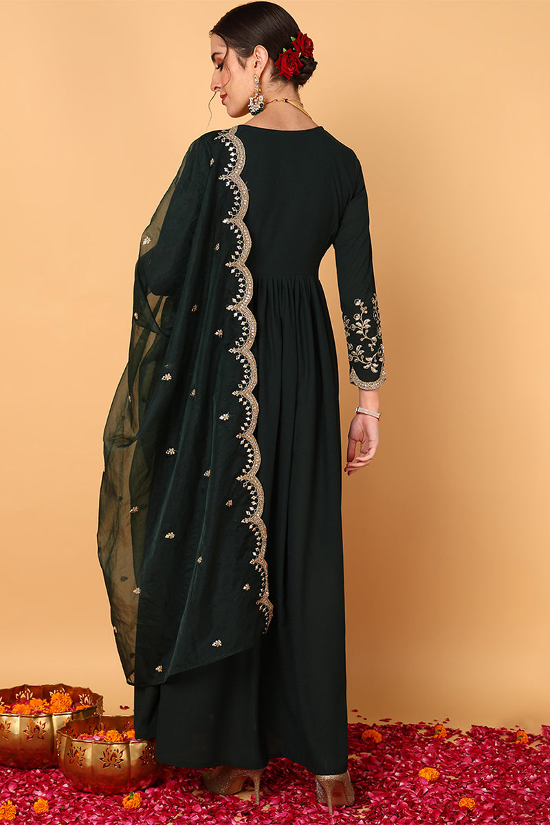 Plus Size Green Georgette Embroidered Zari Work Flared Kurta Set VKSET1490