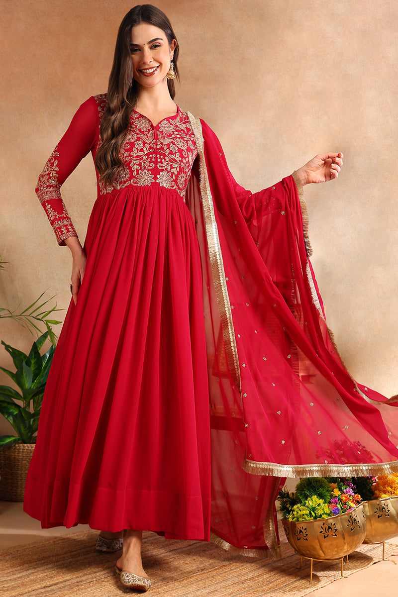 Pink Georgette Solid Embroidered Anarkali Gown with Dupatta VKSET1519PNK