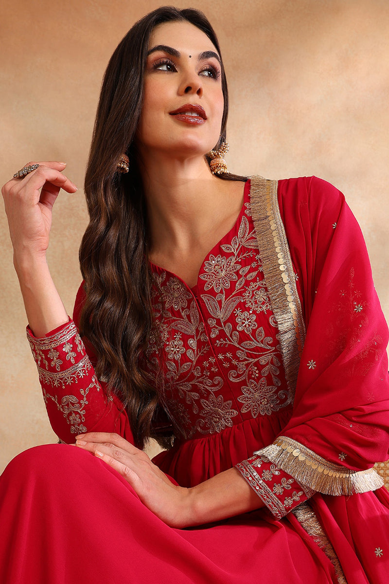 Pink Georgette Solid Embroidered Anarkali Gown with Dupatta VKSET1519PNK