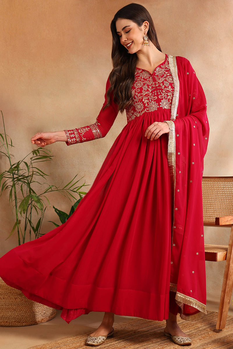 Pink Georgette Solid Embroidered Anarkali Gown with Dupatta VKSET1519PNK