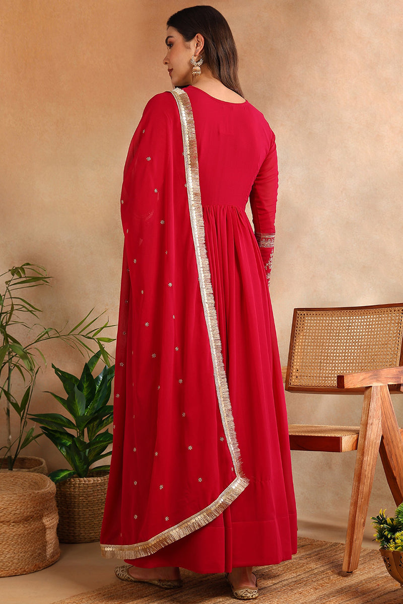 Pink Georgette Solid Embroidered Anarkali Gown with Dupatta VKSET1519PNK