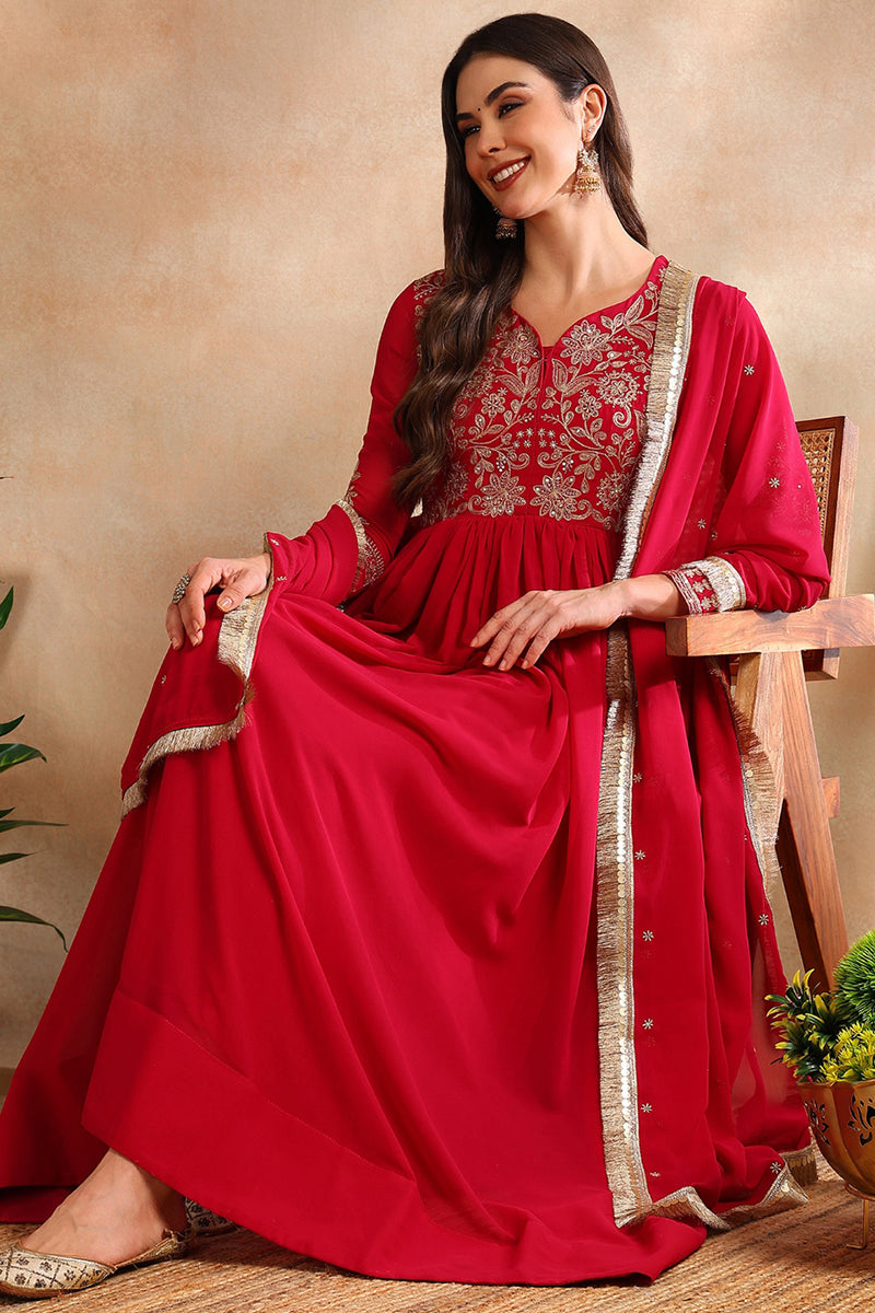 Pink Georgette Solid Embroidered Anarkali Gown with Dupatta VKSET1519PNK