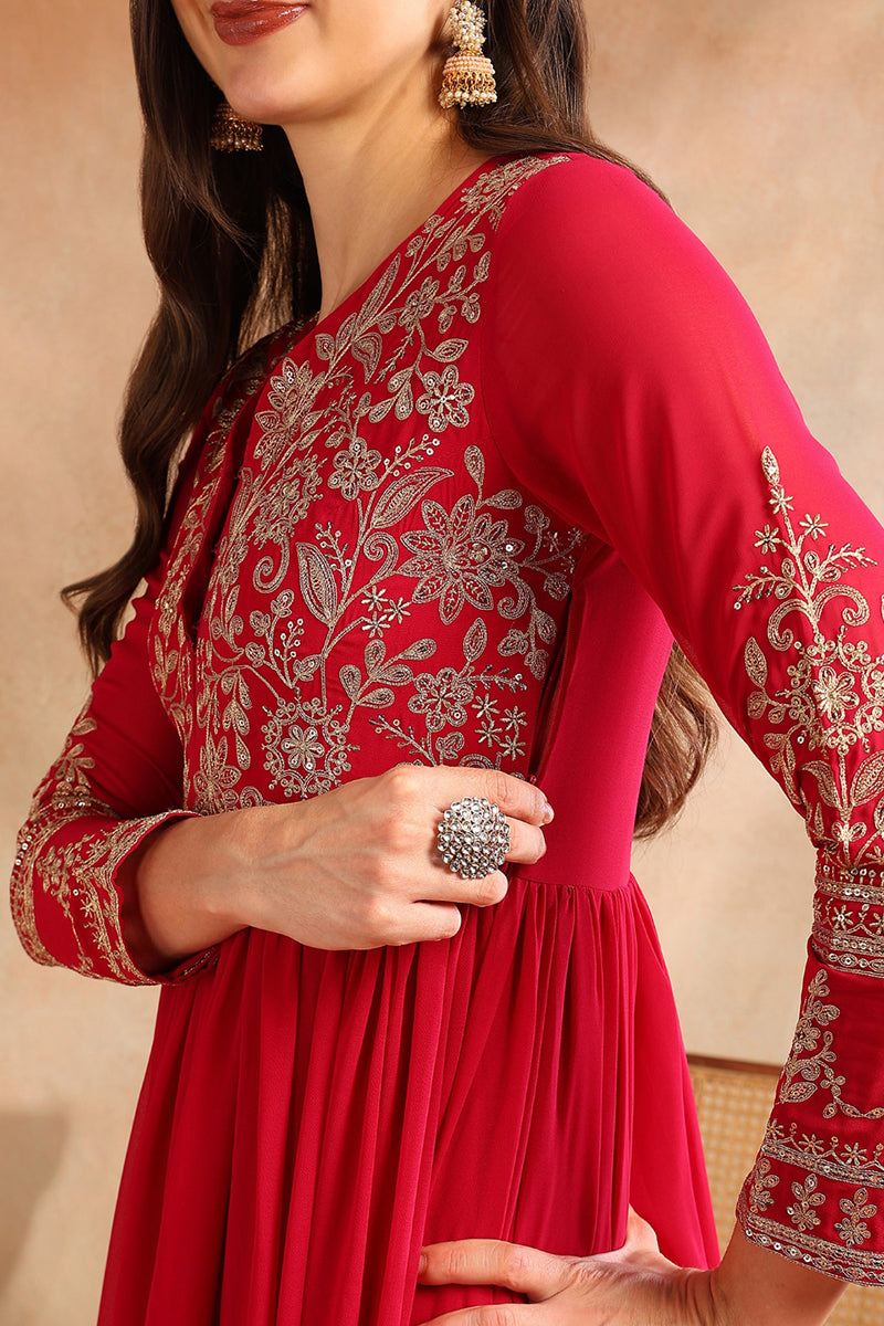 Pink Georgette Solid Embroidered Anarkali Gown with Dupatta VKSET1519PNK
