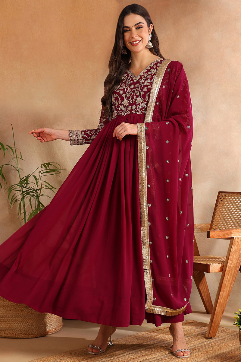 Burgundy Georgette Solid Embroidered Anarkali Gown with Dupatta VKSET1520WIN
